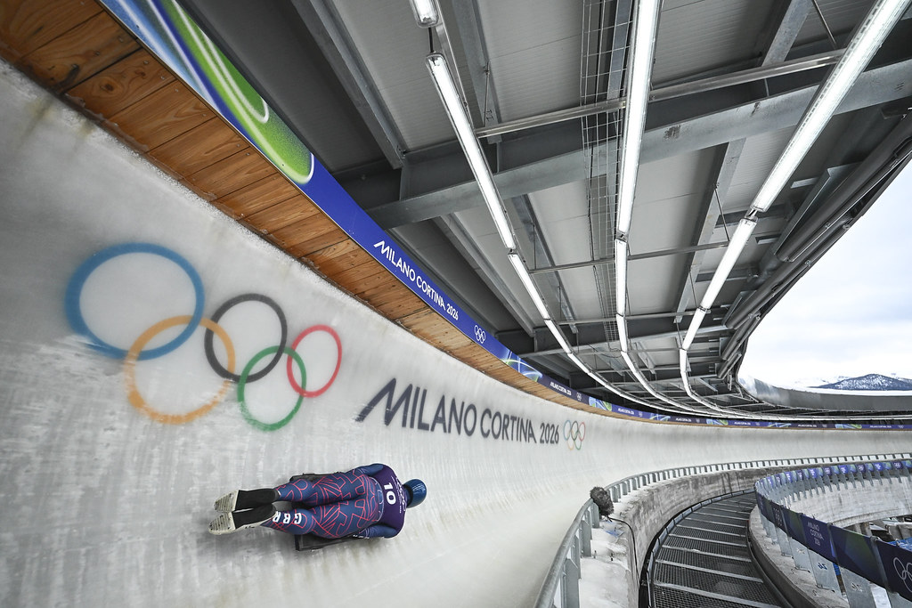 Pictured here is a Skeleton athlete training at the 2026 Milan Winter Olympics.